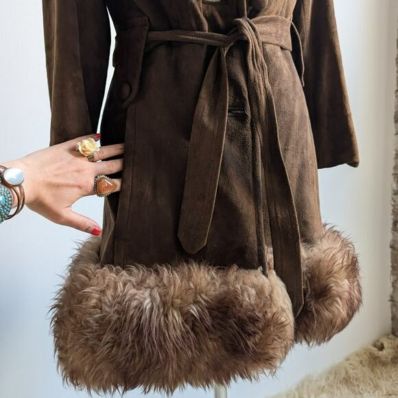 Vintage Brown Suede Fur Trim Penny Lane Jacket Genuine Leather Trench Coat Small - Picture 8 of 11